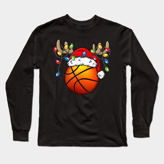 Basketball With Santa Hat Reindeer Antlers Christmas Lights Long Sleeve T-Shirt by Kimko